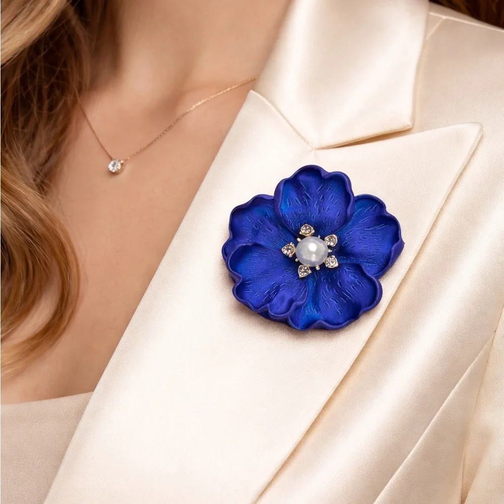 Royal Blue Floral Blossom Pearl Crystal Brooch